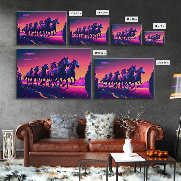 Herd of Wild Horses, American Western decor, framed canvas print, synthwave animal art