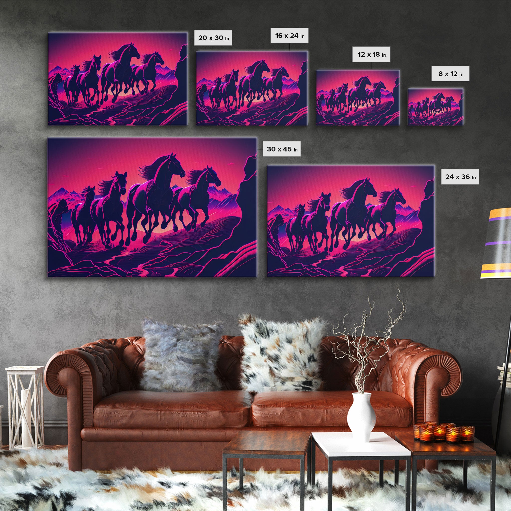 Pack of Wild Horses, American Western decor, framed canvas print, synthwave animal art