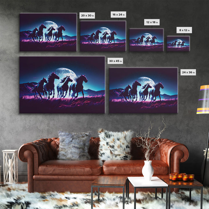 Wild horses running in the moonlight, vaporwave art, framed canvas print