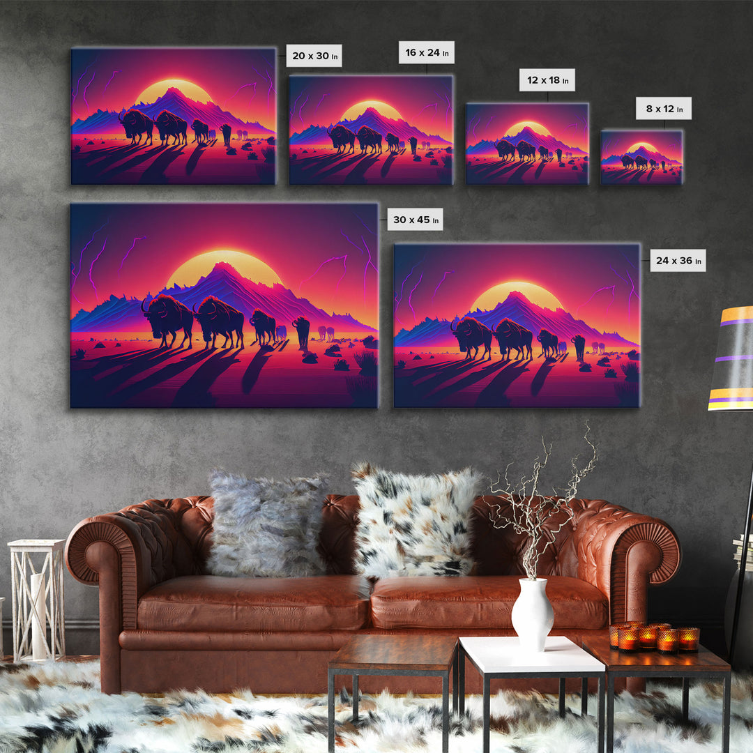 Synthwave American Buffalo, Retrowave art, herd of Bison and a setting sun, framed canvas print