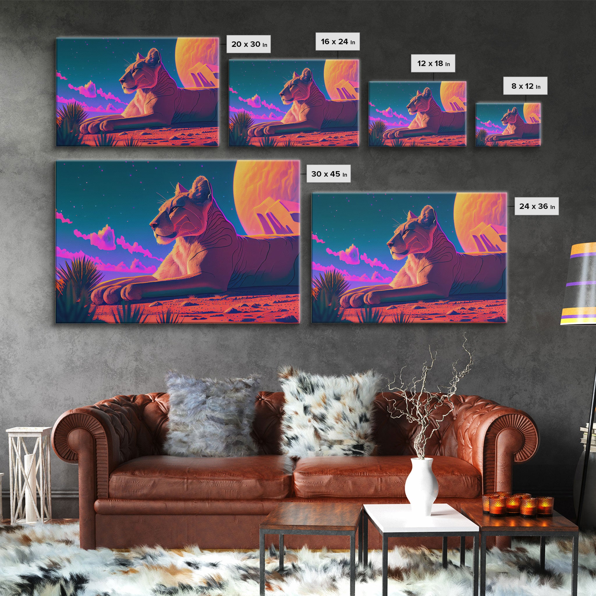 Lioness synthwave art, framed canvas print, beautiful pastel lion art