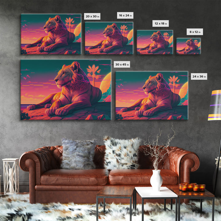 Lion contemplating life on a cliff, vibrant and colorful synthwave retro style art, framed canvas print