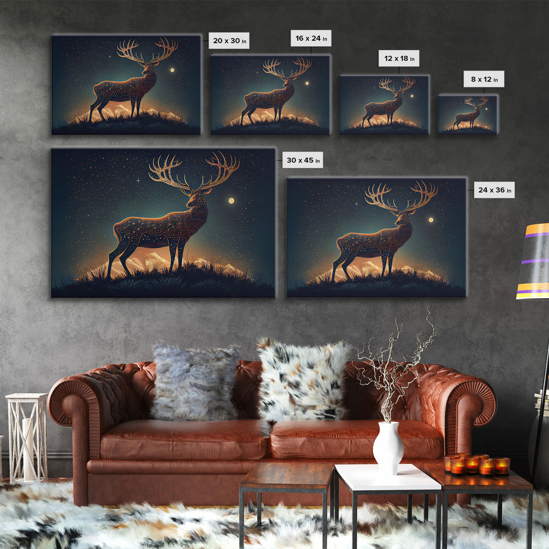 Deer made of stars, reflection stag, framed canvas print, unique wall art