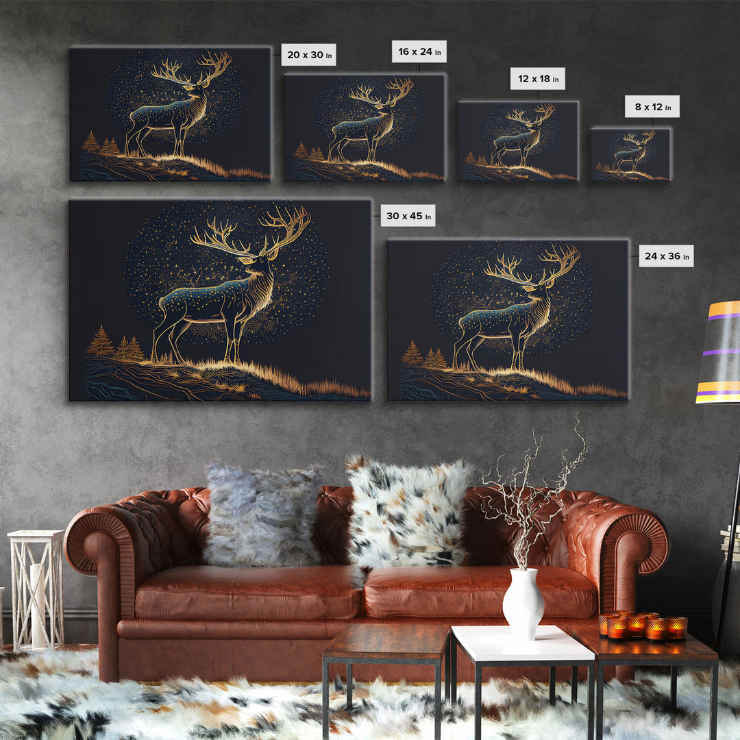 Deer made of stars, reflection stag, framed canvas print, unique wall art, starry night stag