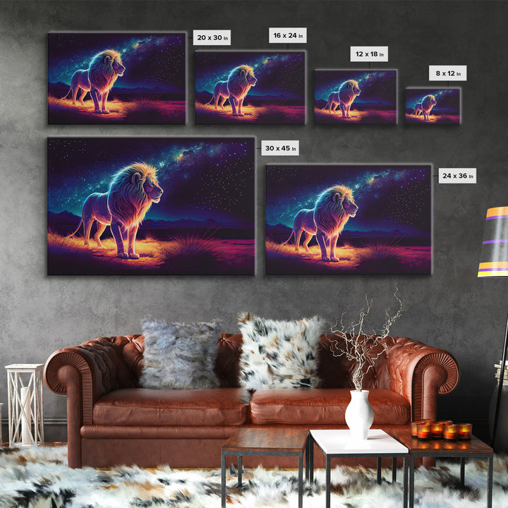 The Lion and the Universe, unique vibrant synthwave wall art, framed canvas print