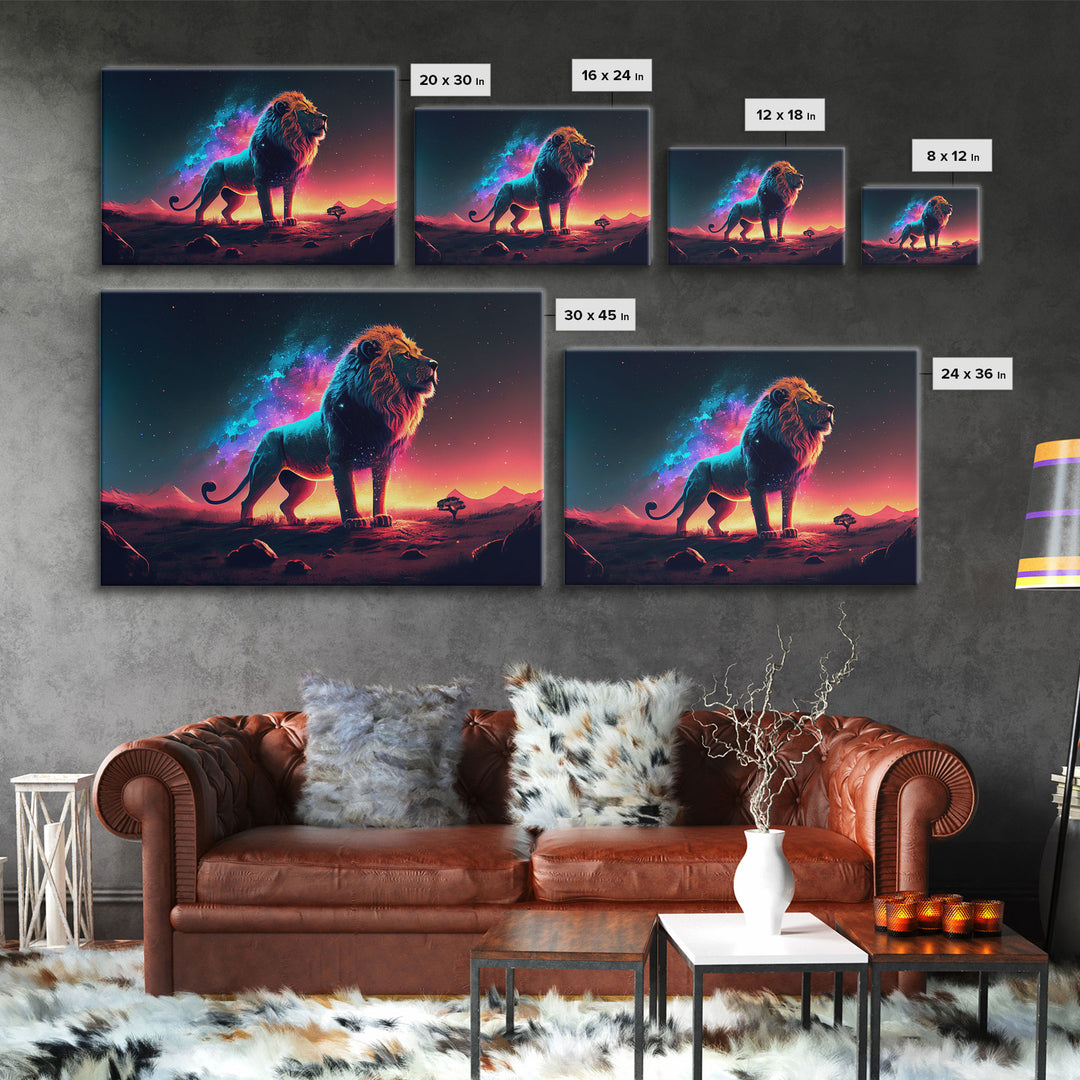 Cosmic roar watercolor, Lion staring at the stars over Africa, framed canvas print, unique vibrant wall art