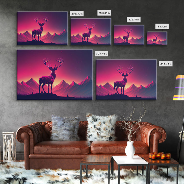 Beautiful stag and sunset, synthwave landscape art, framed canvas print, nature print, pastel and pink art