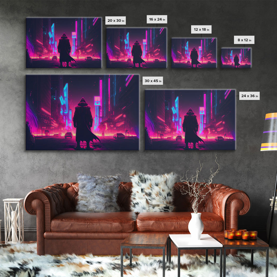 Cyberpunk City, Neon synthwave dystopian art, framed canvas print