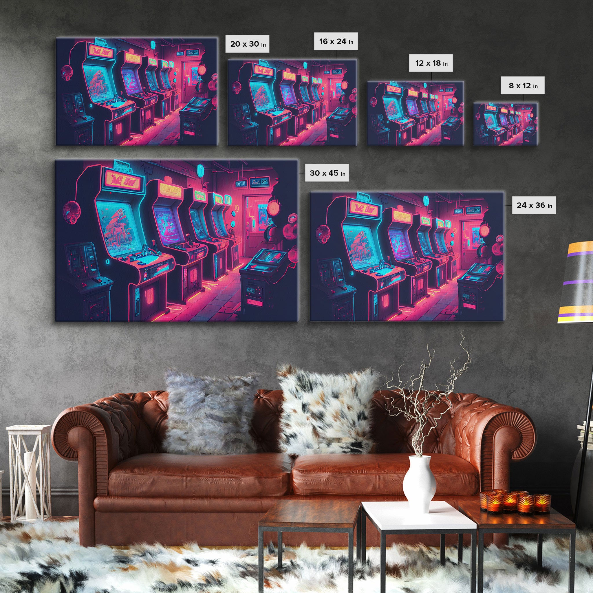 Synthwave Game Room Art, Neon retro 90s arcade room wall art, framed canvas print