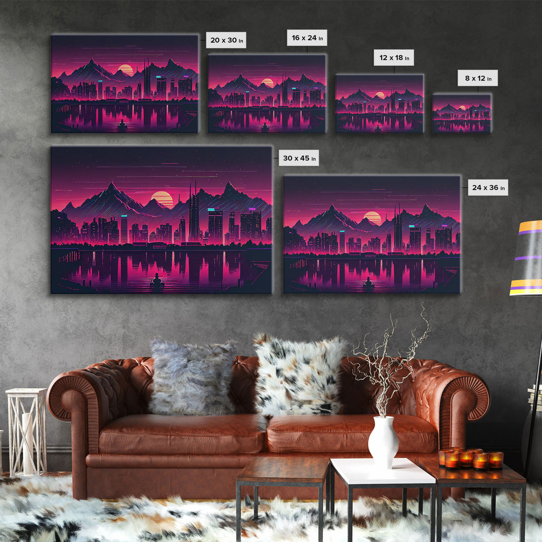 Cyberpunk Vancouver, Futuristic city skyline art, framed canvas print