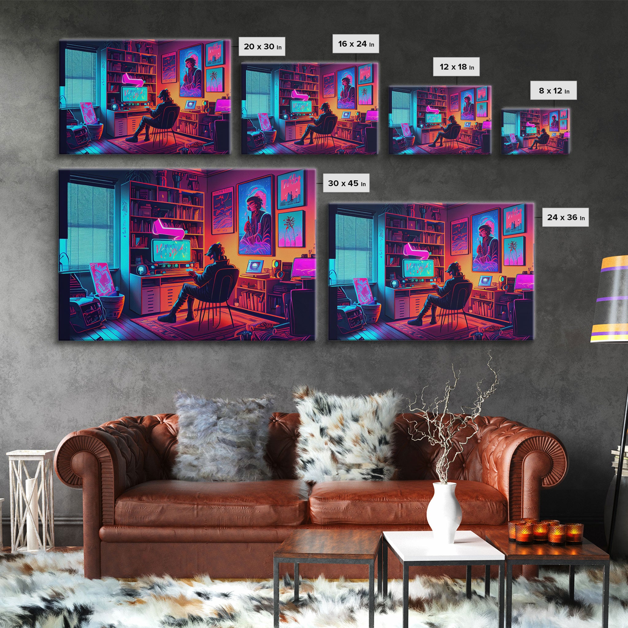 Jacked In - VR headset art, synthwave framed canvas print, cool office art