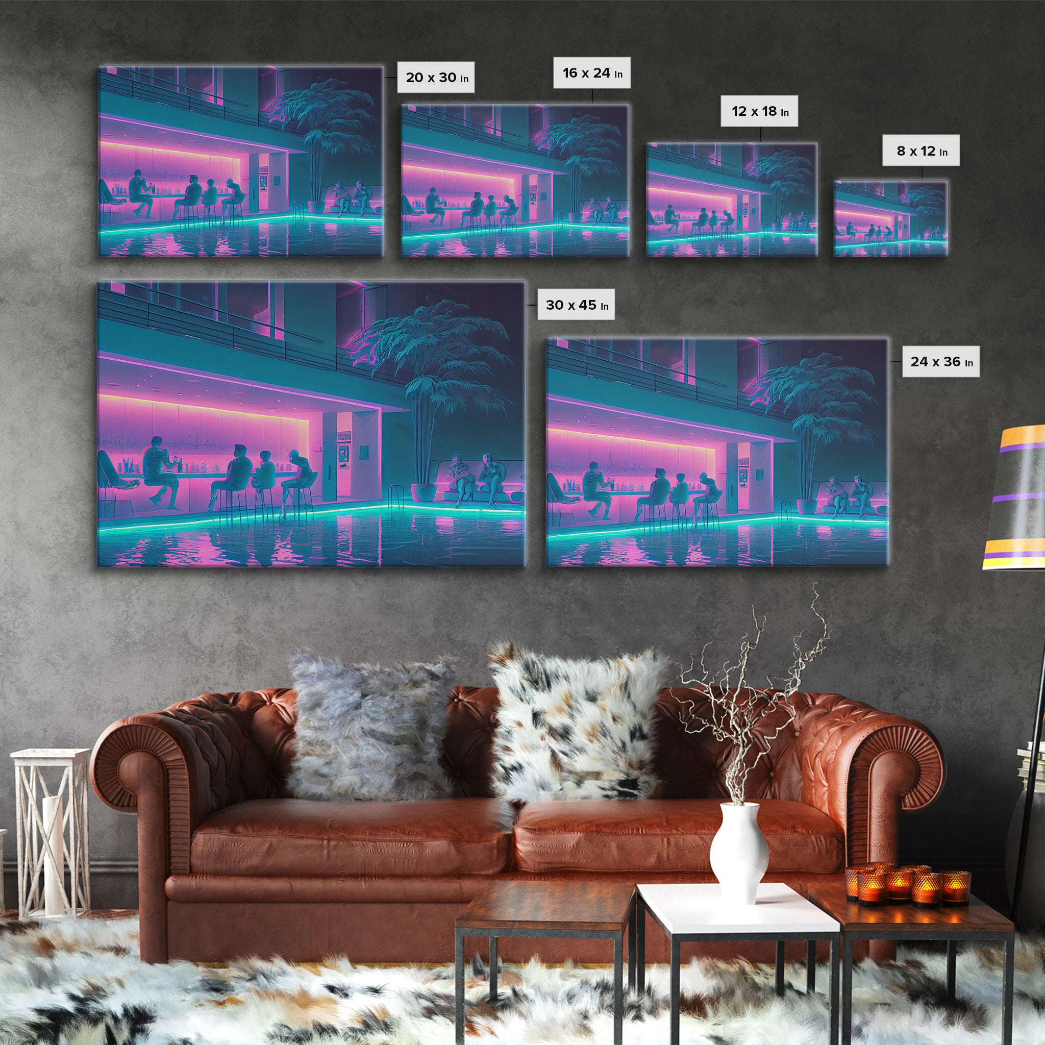 The Lounge - Vaporwave bar decor, framed canvas print, pastel synthwave art, colorful wall decor