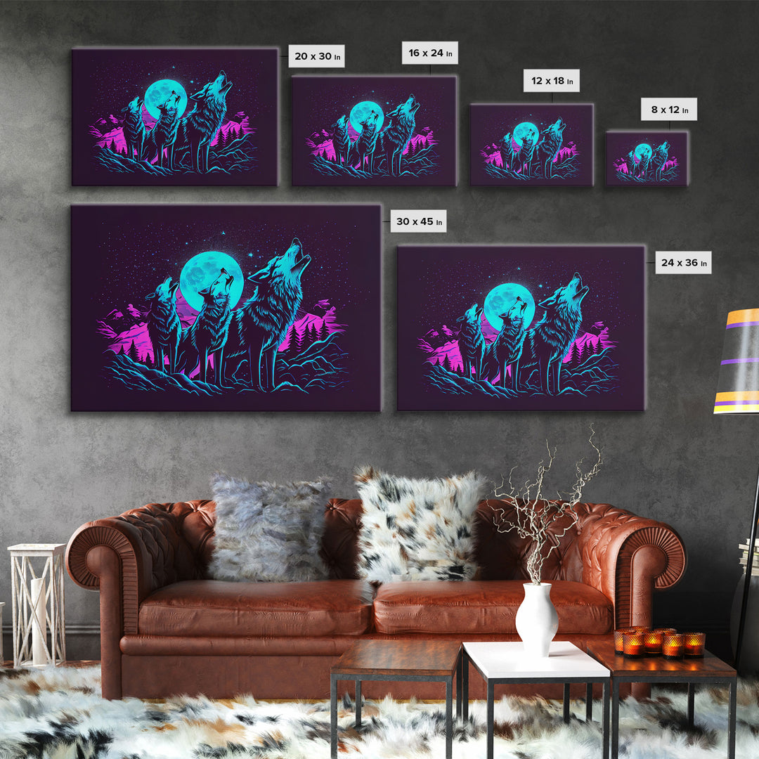 Howl at the moon - turquoise wolf pack howling at the moon, framed canvas print, vaporwave art