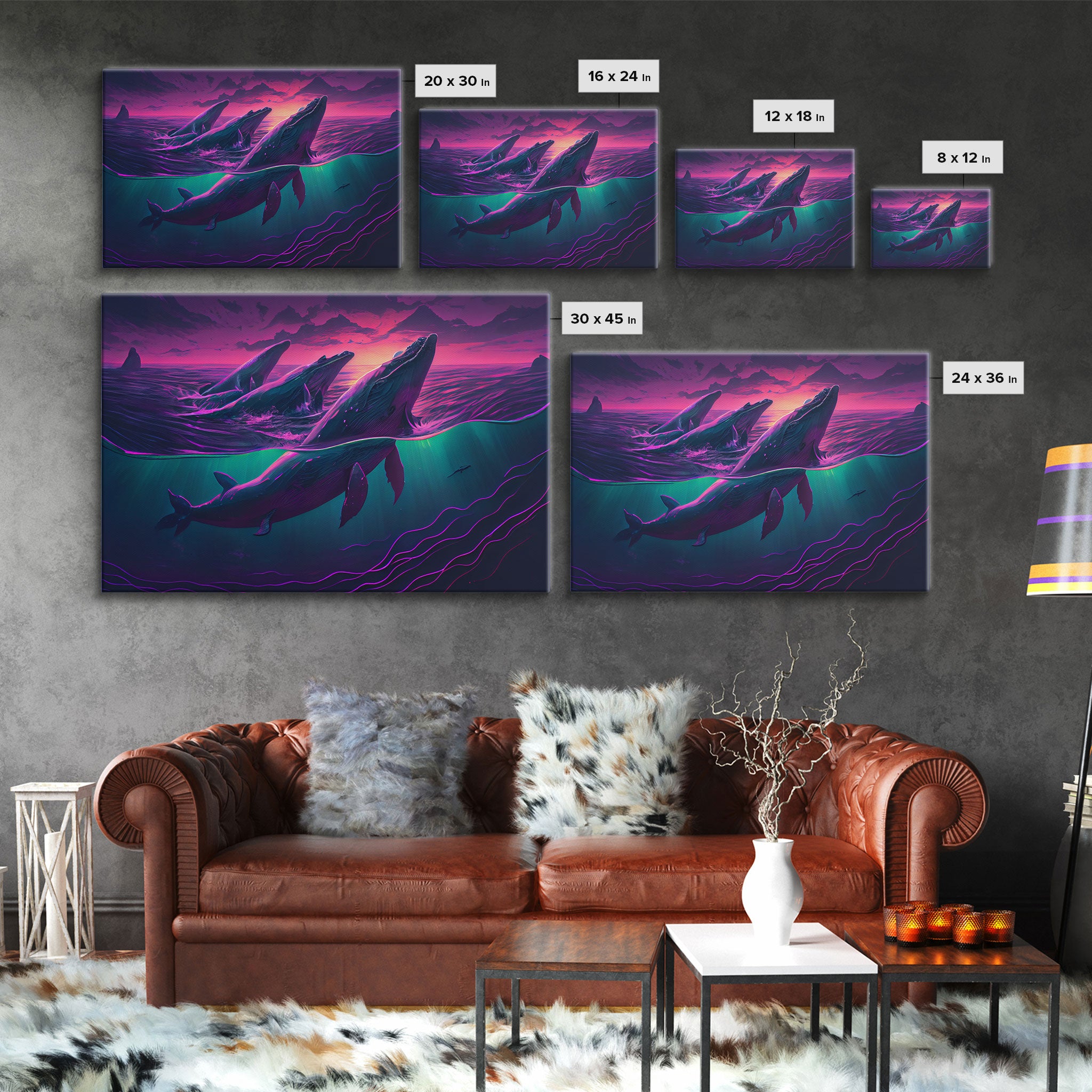 3 Blue Whales Breaching at Sunset, vaporwave synthwave ocean art, framed canvas print