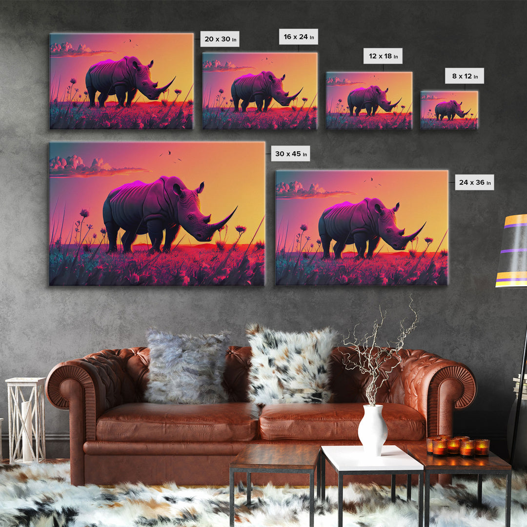 Rhino art, Pastel Rhinoceros at sunset, synthwave aniimal art, framed canvas art