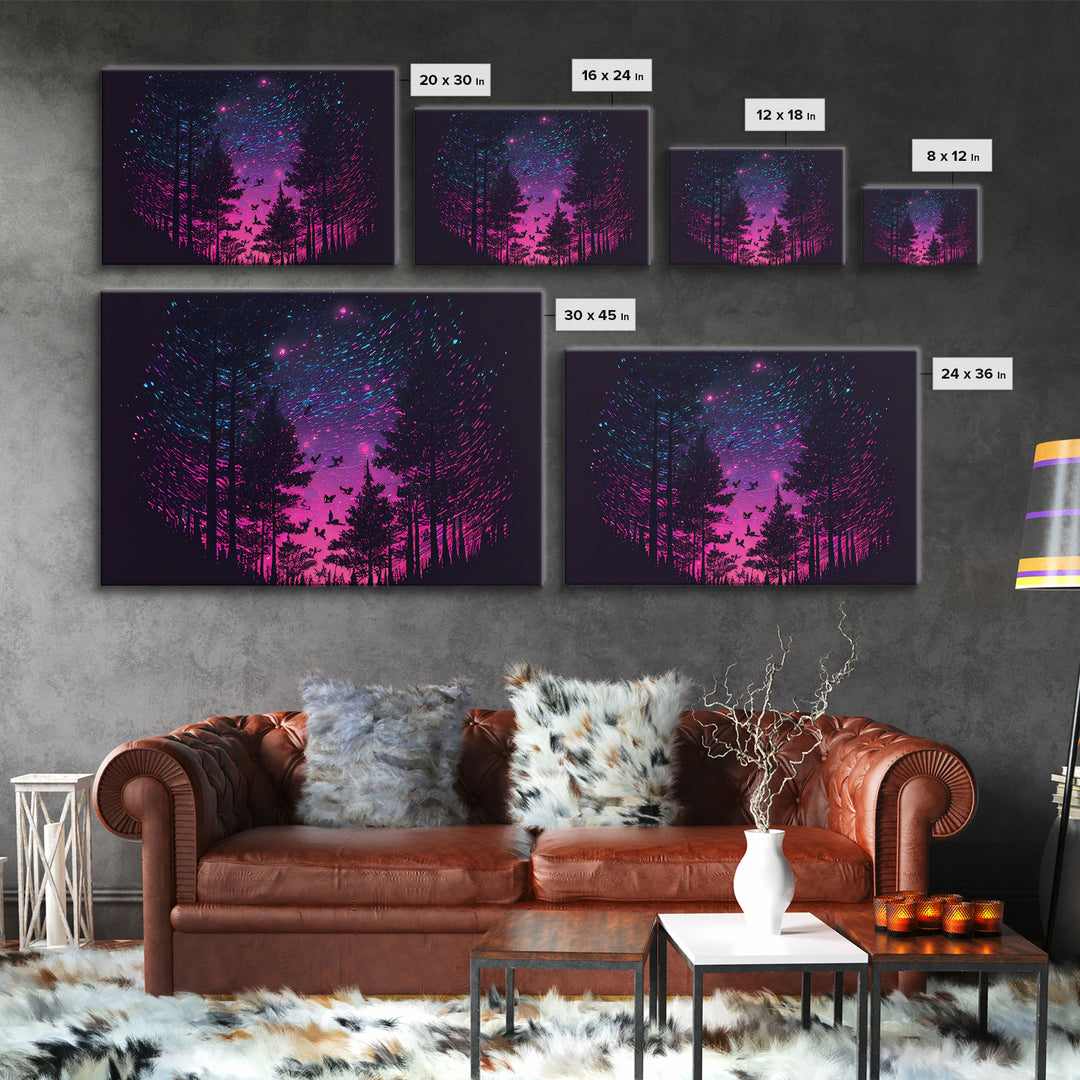 Synthwave Starry Night Time Lapse in a pine tree forest, framed canvas print, timelapse art