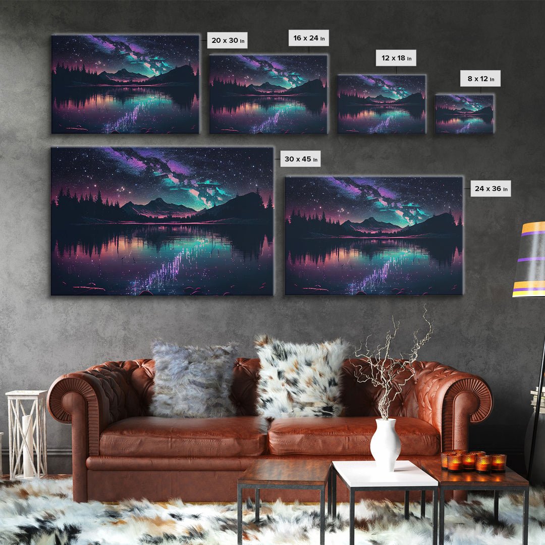 Vaporwave starry night over an Alaskan lake, Aurora borealis, framed canvas print, pastel nature art