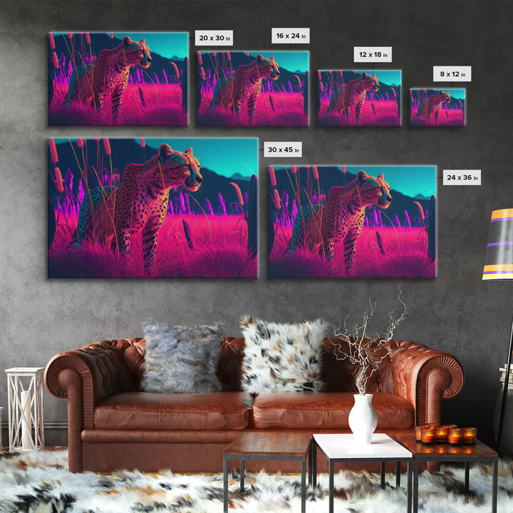 Cheetah on the hunt, vaporwave art, sunset hunter, framed canvas print, framed wall art