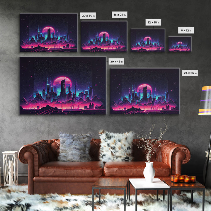 Cyberpunk city skyline superimposed over a sunset, synthwave style dystopian  art, framed canvas print