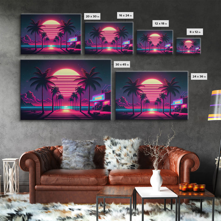 The Neon Boardwalk, Florida Synthwave Sunset, framed canvas print, retro style Miami vibes art