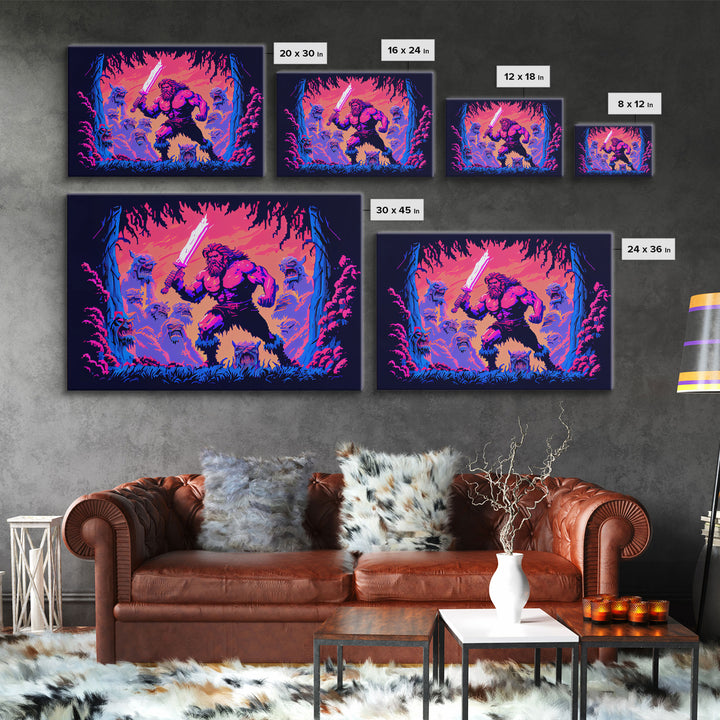 Barbarian pixel art, vaporwave RPG concept art, framed canvas print, synthwave tabletop art