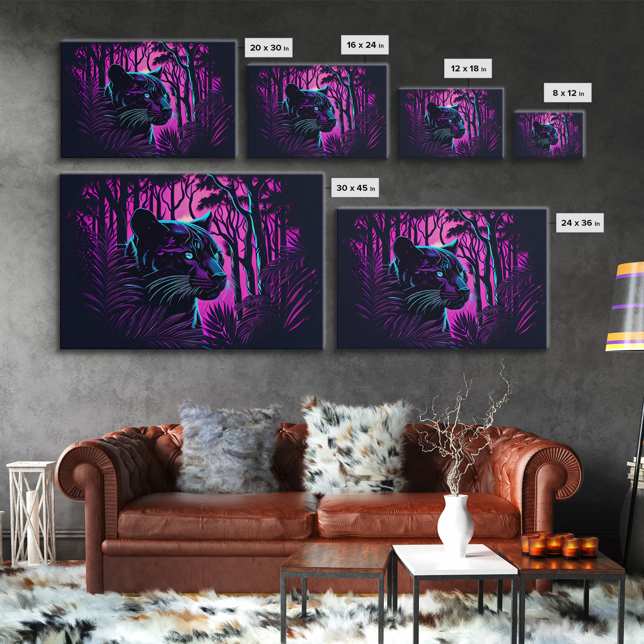 Vaporwave art,  framed canvas print, Jungle Panther synthwave portrait