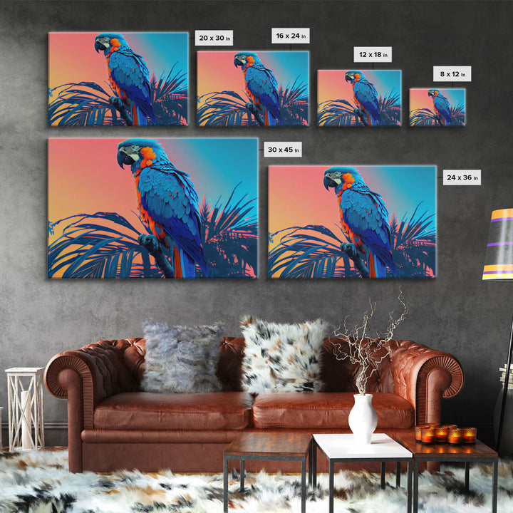 Birds of Paradise, Tropical Blue Parrot, Framed canvas print, beautiful wall art for vacation home