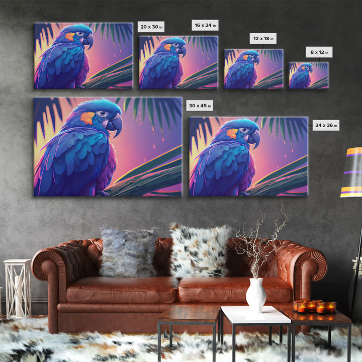 Tropical Blue Parrot, Framed canvas print, beautiful wall art for vacation home, birds of paradise