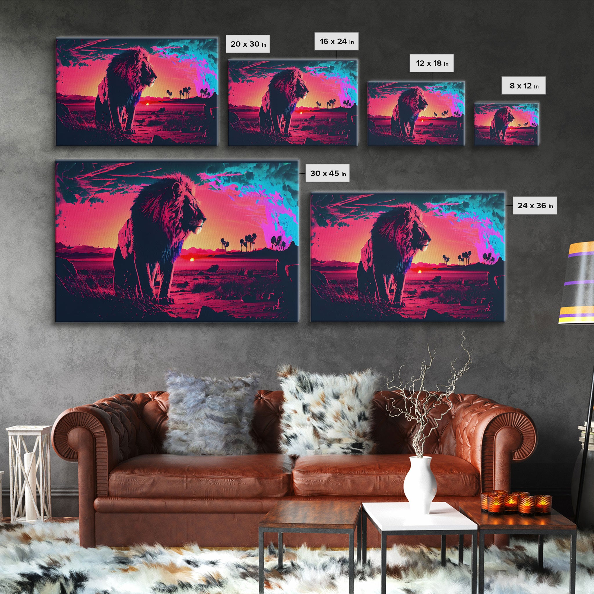 Synthwave style watercolor painting of an African lion, framed canvas print, colorful living room wall art