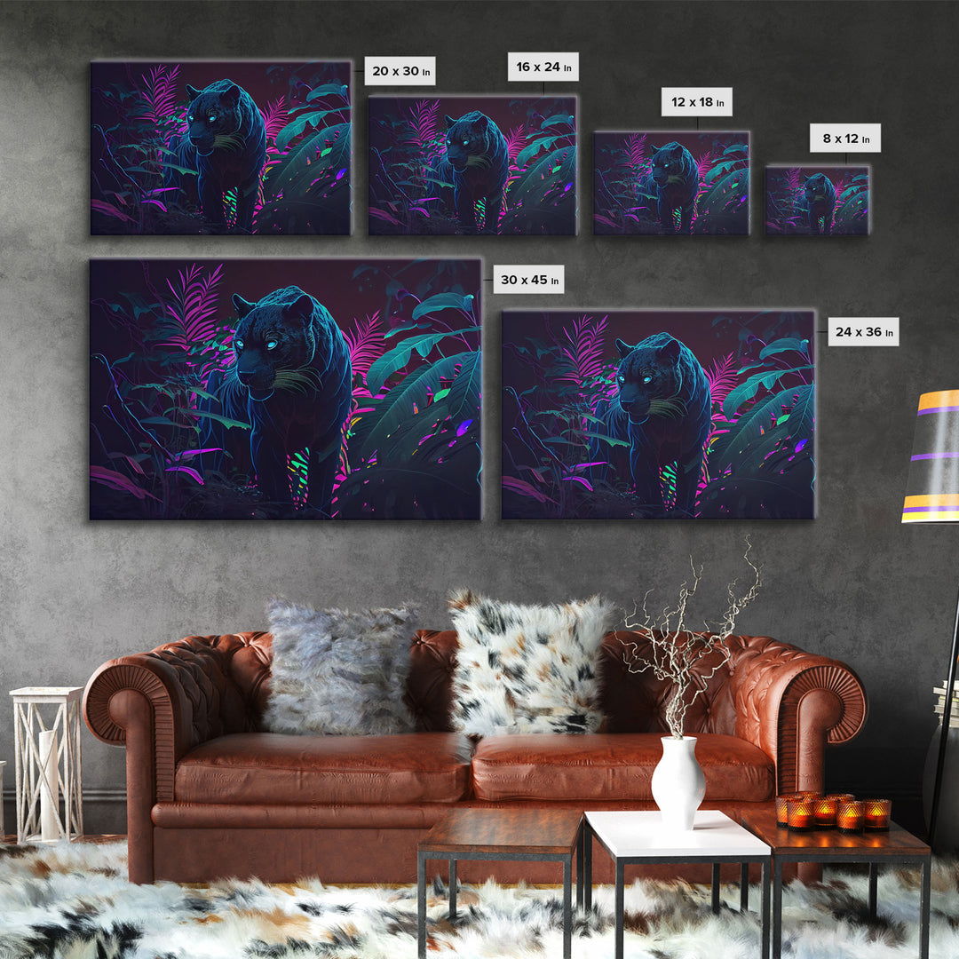 Black panther on the hunt in the jungle, glowing blue eyes, synth wave aesthetic art, framed canvas print