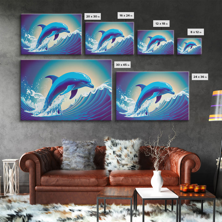 Dolphin riding a wave, cute animal prints, vaporwave animal art, framed canvas print