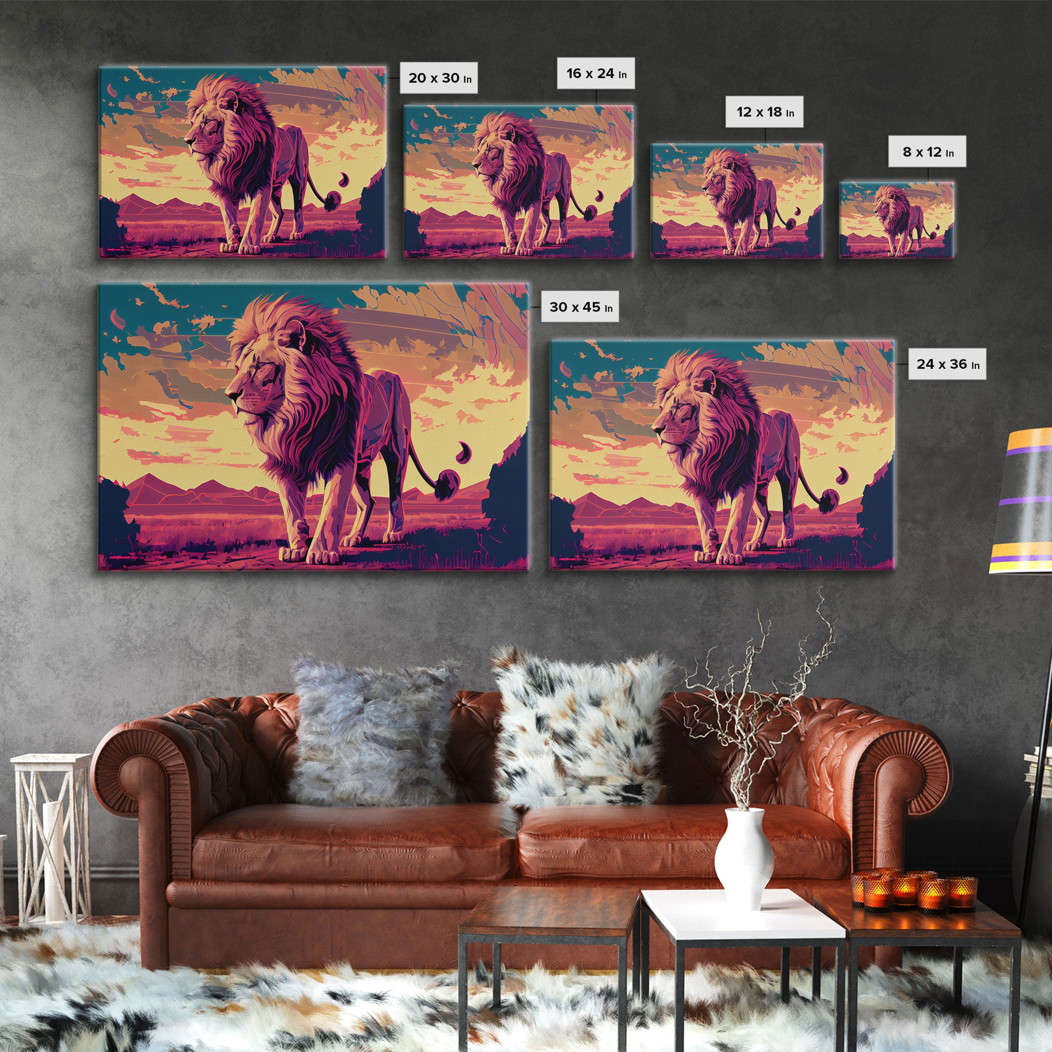 Retrowave watercolor painting of an African Lion, framed canvas print, unique large format wall art