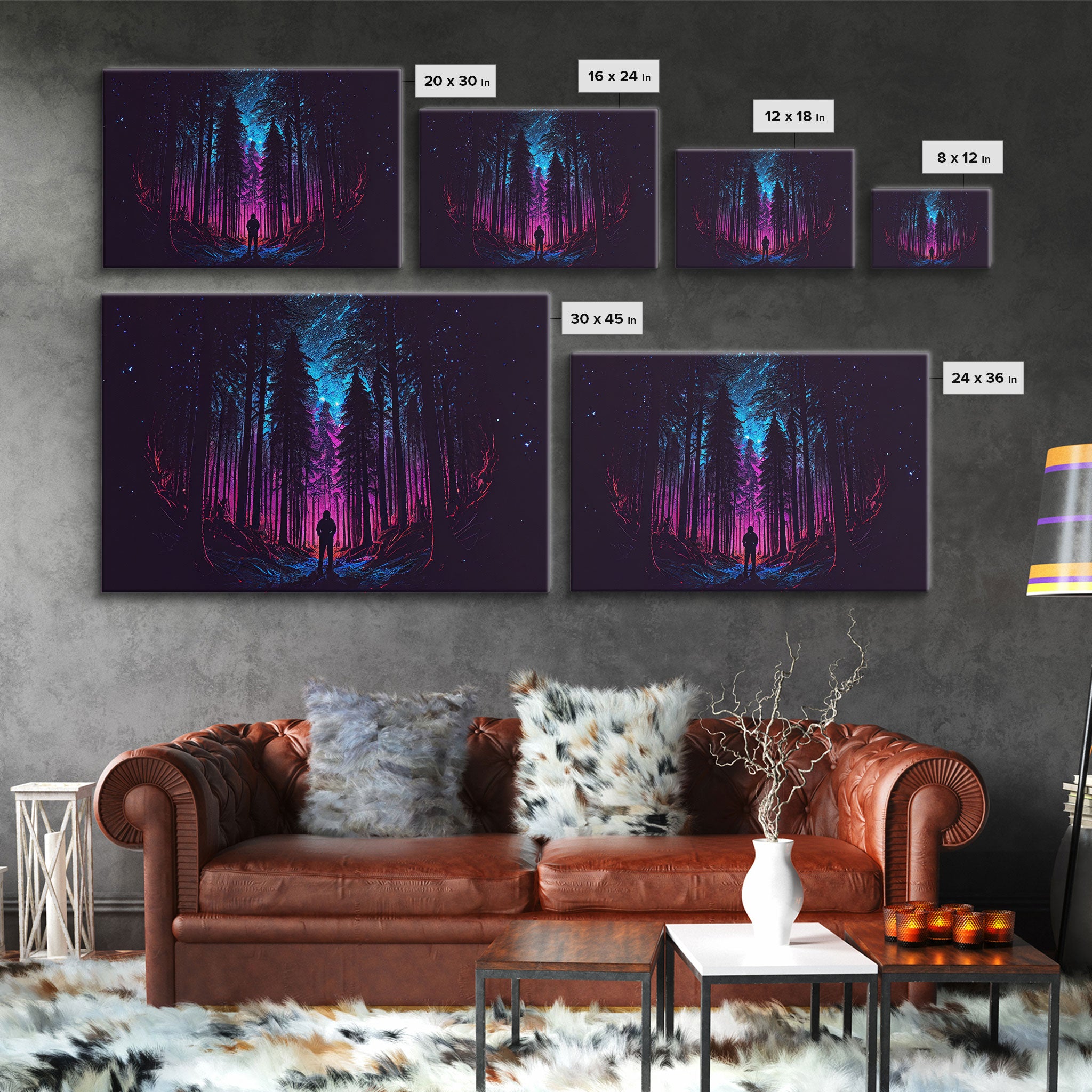 Contemplating the stars, vaporwave aesthetic, forest art, starry night, framed canvas print, outrun art