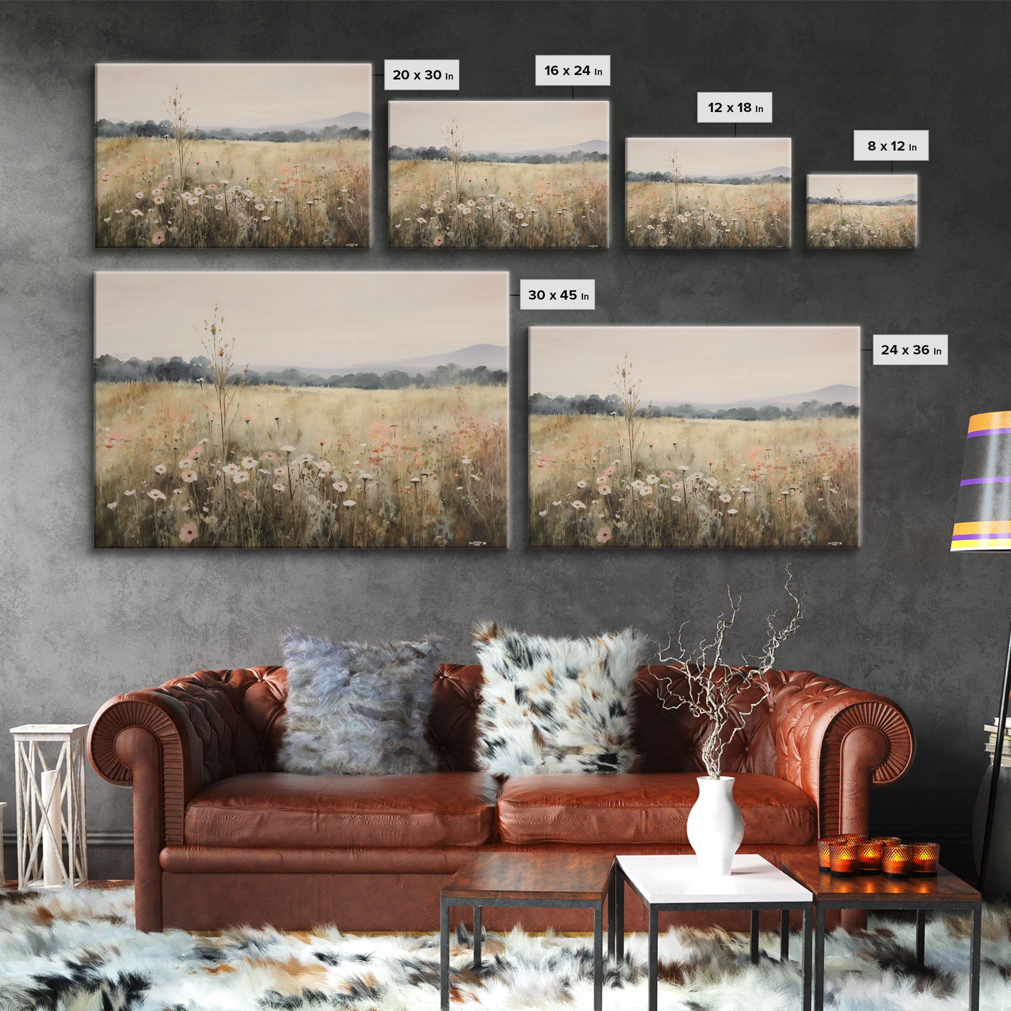 Wildflower Fields Landscape Oil Painting Print Large Wall Art Print, Framed Canvas Nature Wall Decor, Rustic Living Room Country Landscape