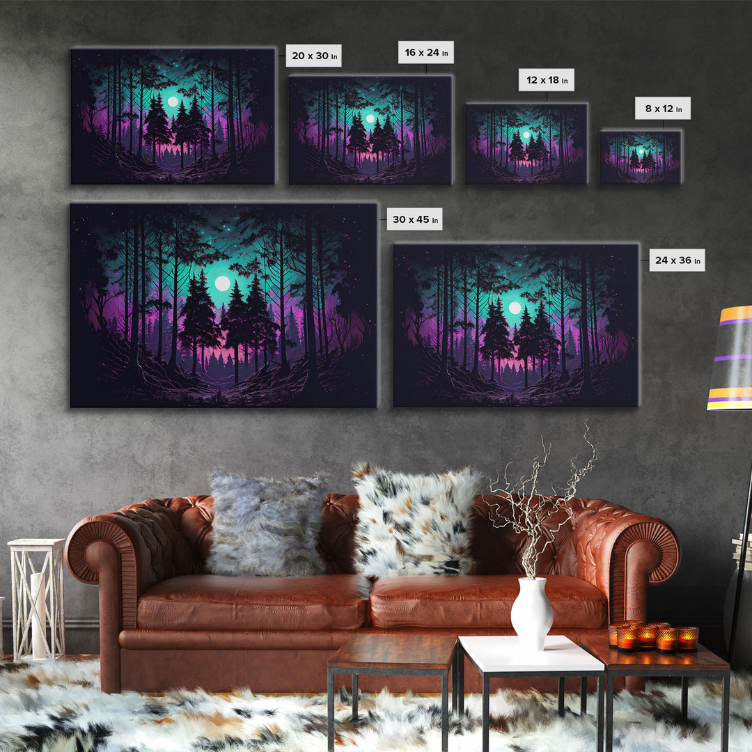 Fantasy forest art, full moon visible through the trees, framed canvas print, framed wall art