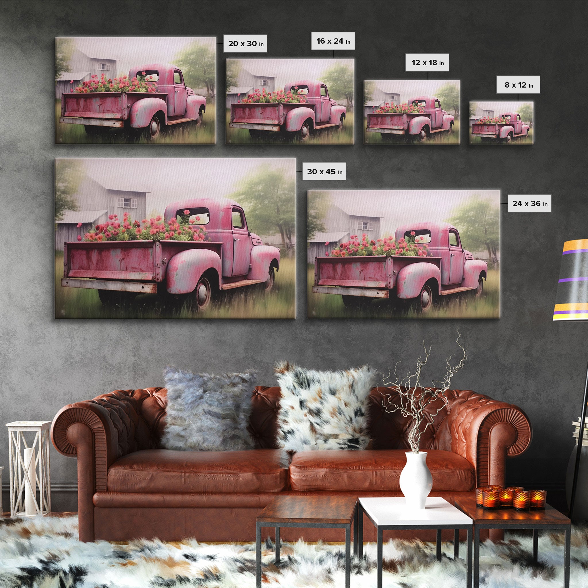 Old Pink Truck Used As a Flower Bed, Framed Canvas Print Or Poster, Rustic Farmhouse Decor, Primitive Art, Country Home Art