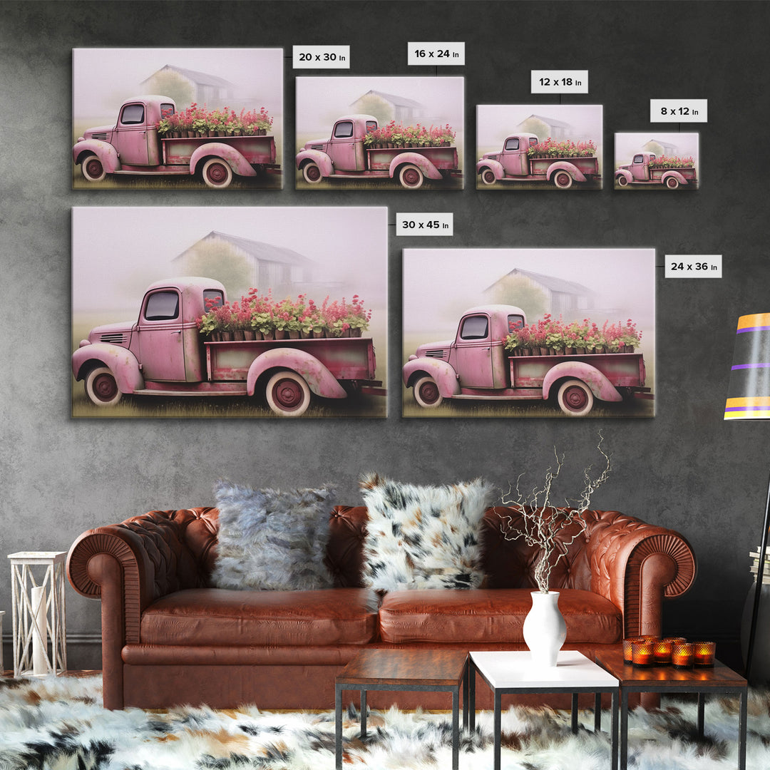 Framed Picture of old truck with beautiful flowers in bed of truck, farmhouse living, old barn, farmhouse distressed, framed canvas print