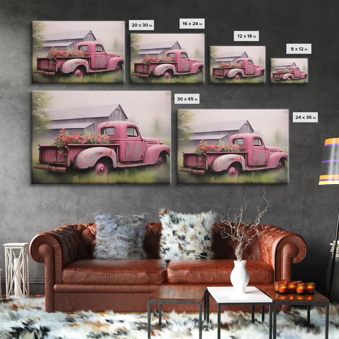 Framed Picture of old truck with beautiful flowers in bed of truck, farmhouse living, old barn, farmhouse distressed, framed canvas print