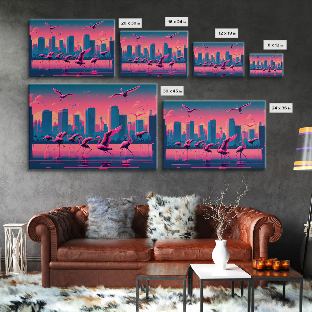 Pink Flamingos, Vaporwave aesthetic style art, framed canvas print, framed wall art