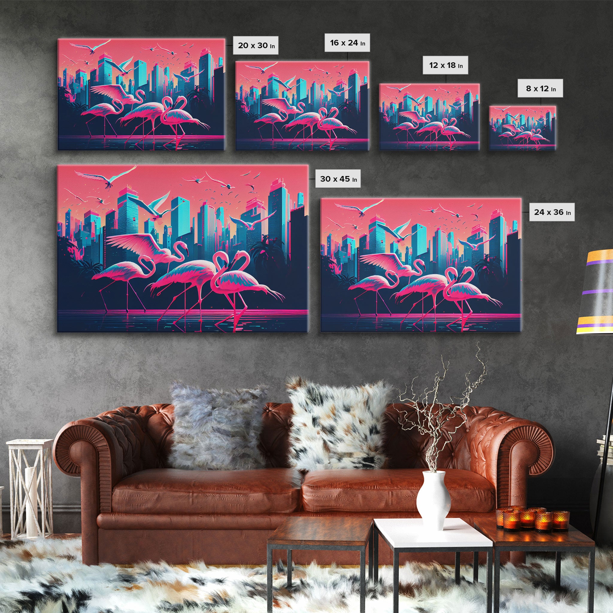 Pink Flamingos, Vaporwave aesthetic style art, framed canvas print, framed wall art