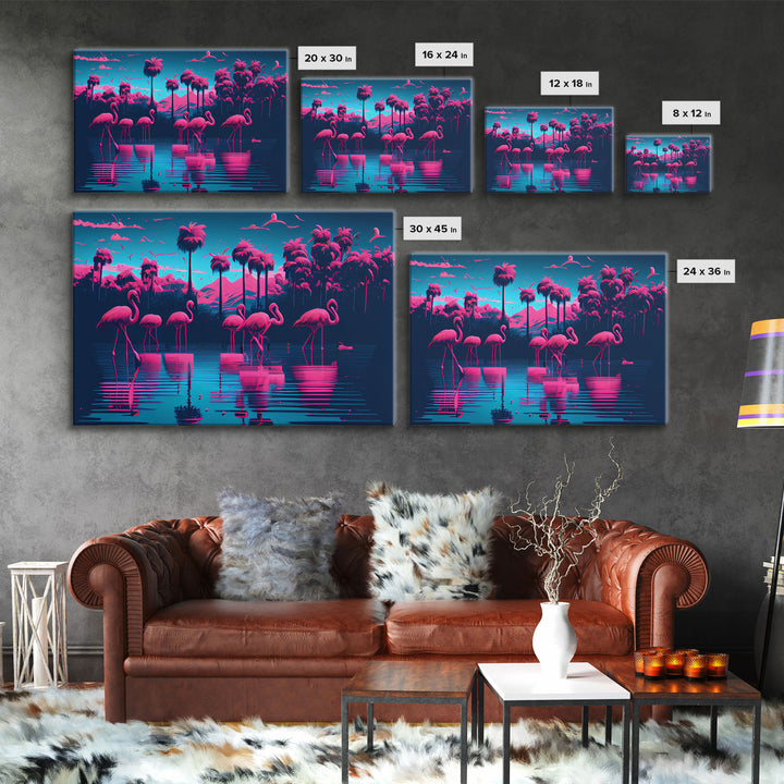 Reflections of Pink Flamingos, Vaporwave aesthetic style art, framed canvas print, framed wall art