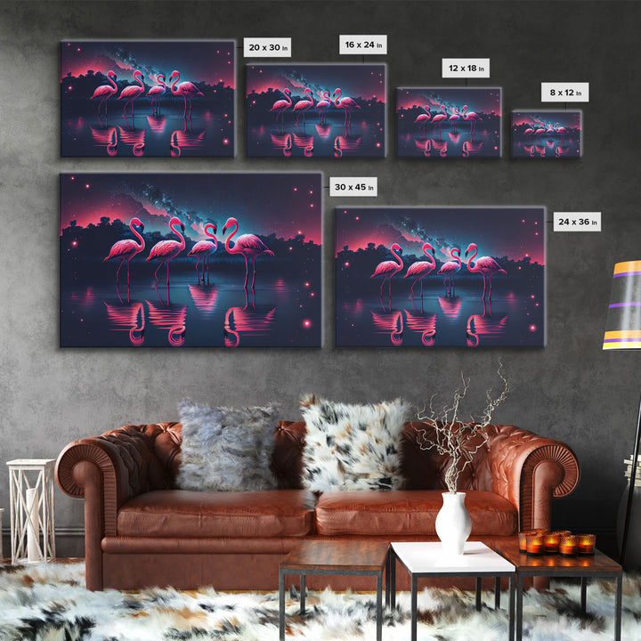 Pink Flamingos against a starry night sky, synthwave vibes, framed canvas print, framed art