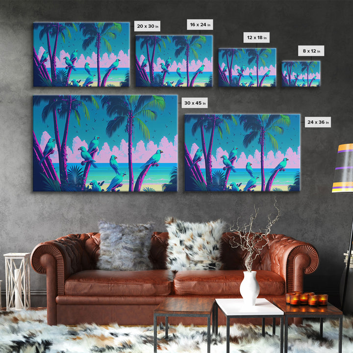 Tropical birds of paradise, synthwave, vaporwave wall art, framed canvas print