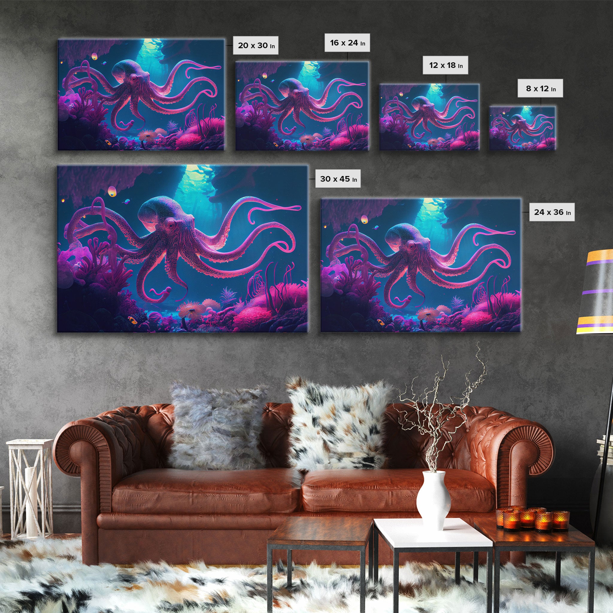 Pink Octopus, Ocean art, aquarium art, framed canvas print, vaporwave pastel art