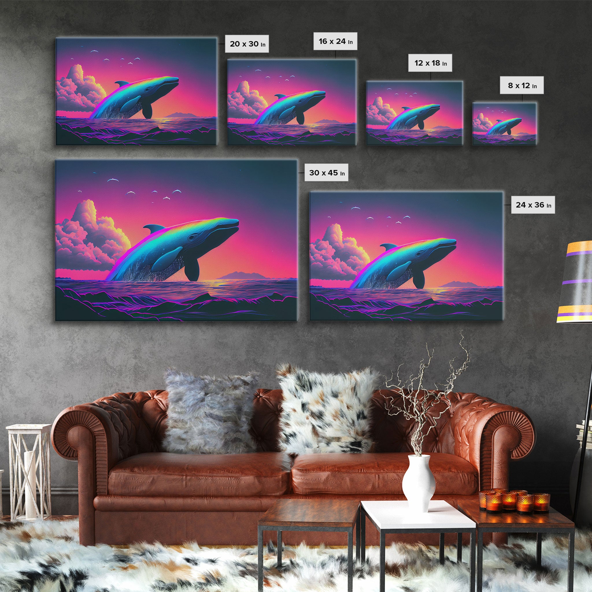 Humpback whale breaching a rainbow, vaporwave art, synthwave animal print, framed canvas print