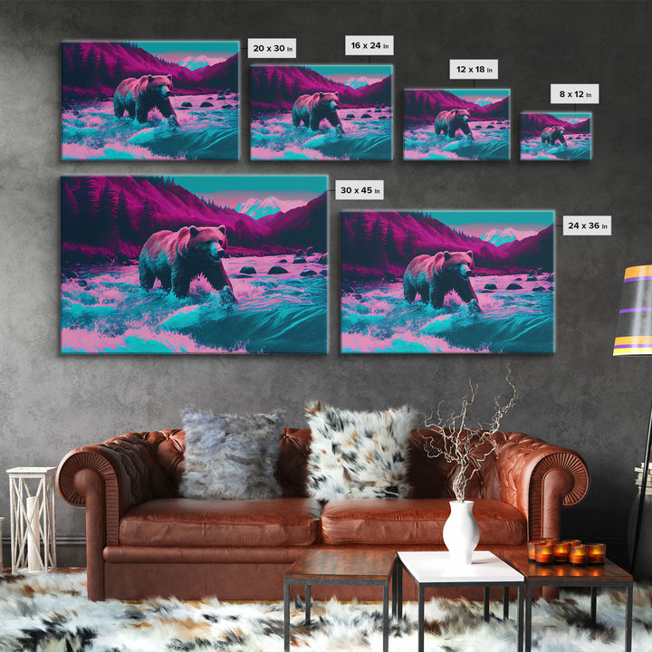 Grizzly bear crossing a river, vaporwave style animal print art, framed canvas print