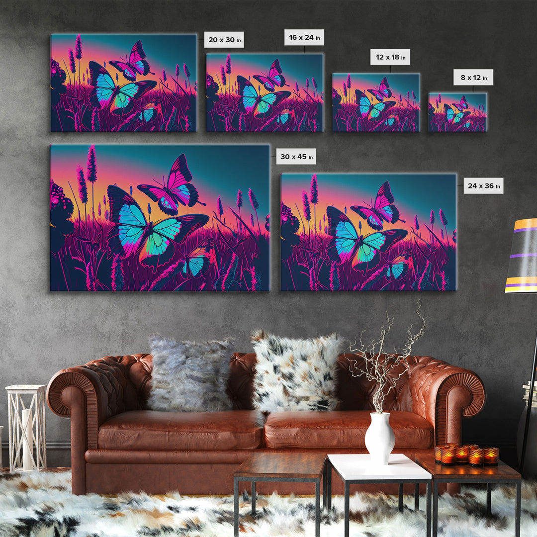 Beautiful turquoise butterfly art, vaporwave aesthetic pastel art, framed canvas print, synthwave art