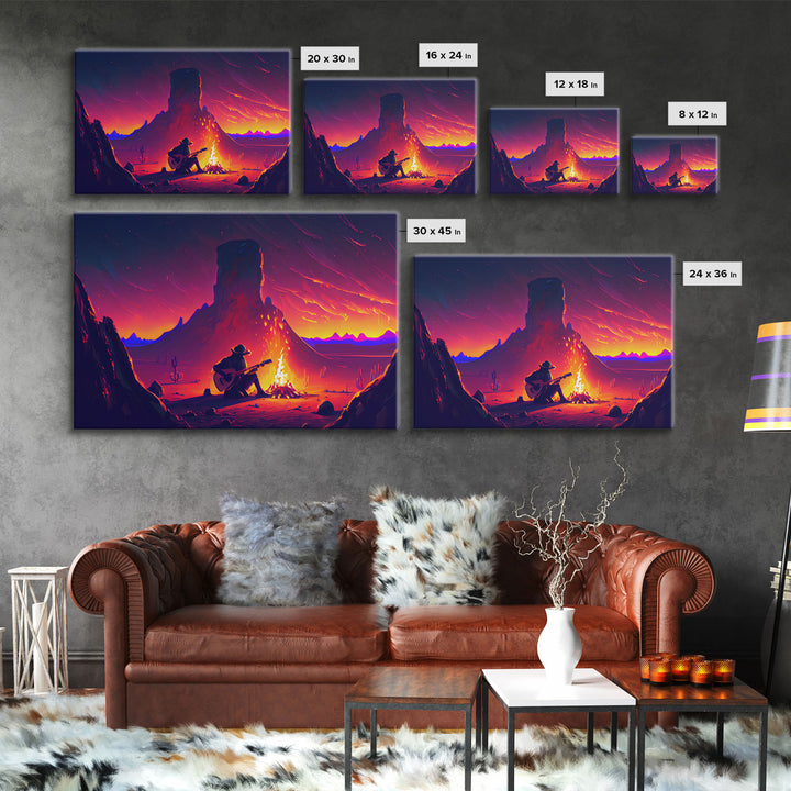 Campfire Songs, Retrowave style art, framed canvas print, synthwave art