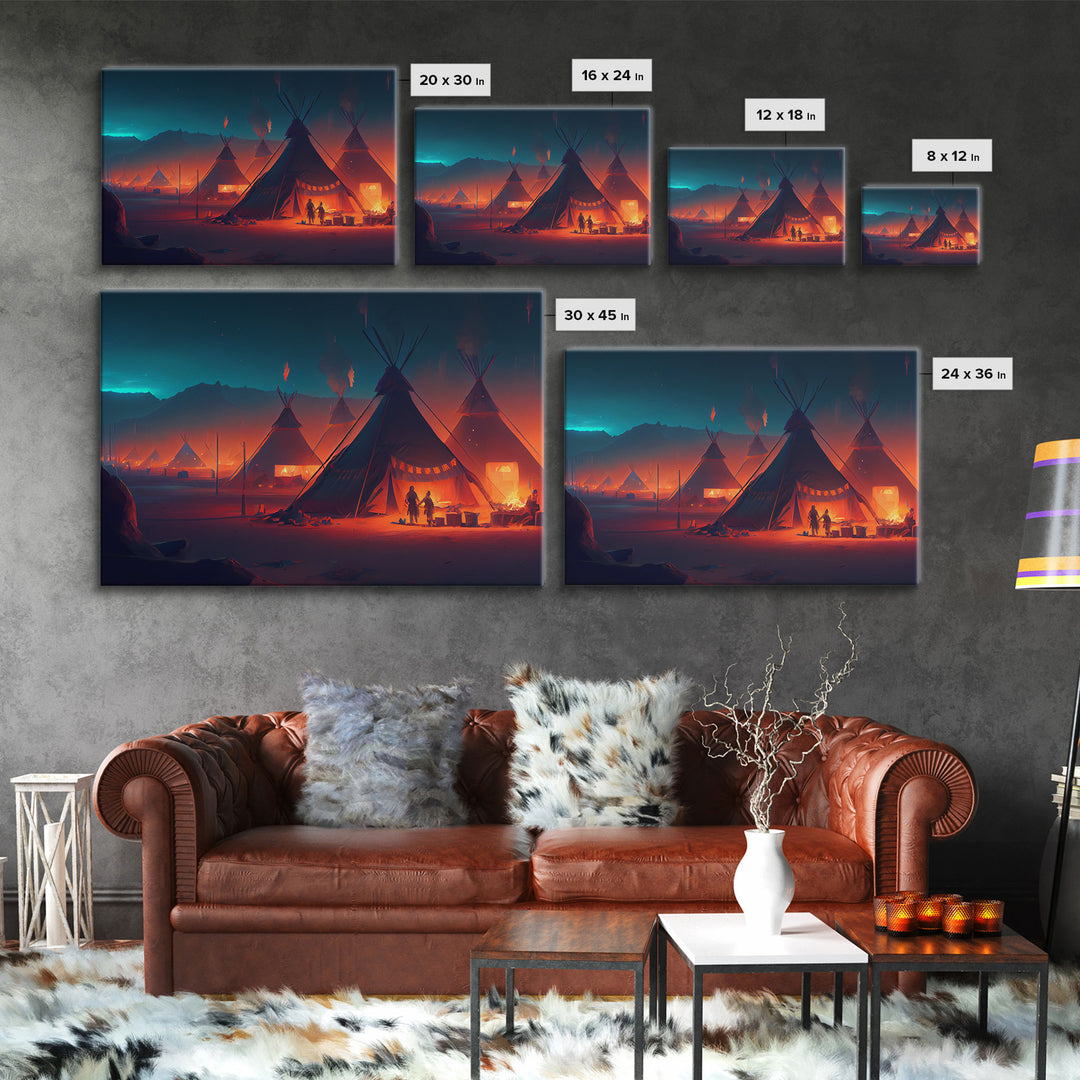 Native American Tipis, Framed Canvas Print, wild west style art