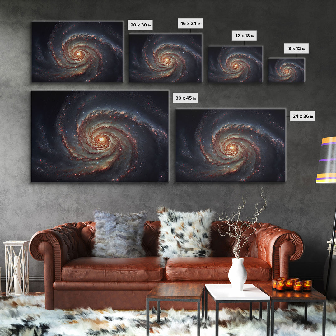 Watercolor of a distant spiral galaxy, framed canvas print, framed space art, above couch space art